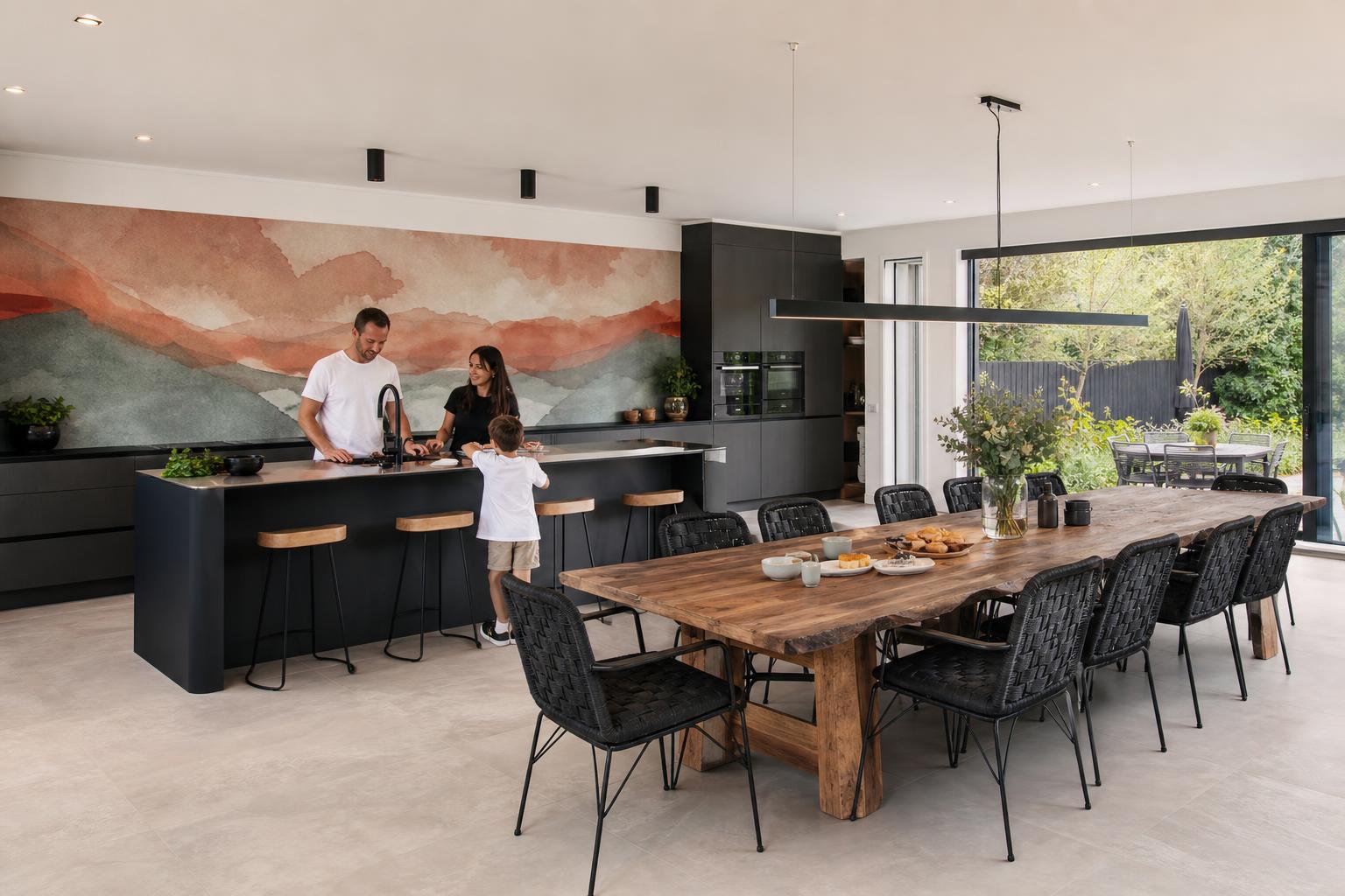 Grote woonkeuken met lange eettafel en abstracte achterwand