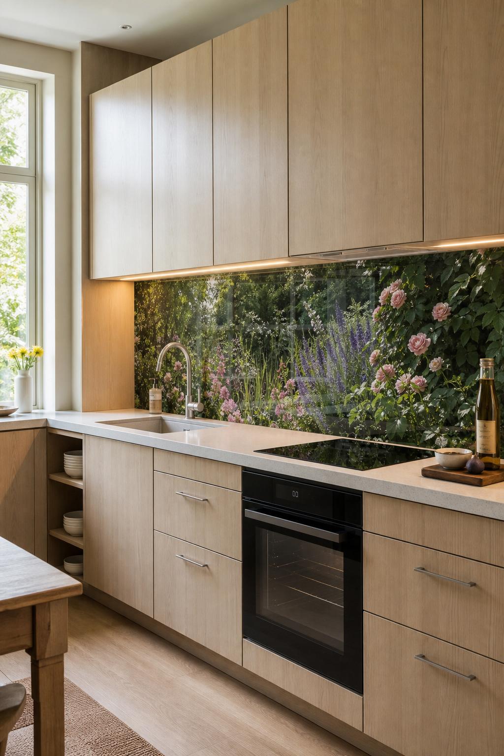 Compacte keuken met botanische achterwand