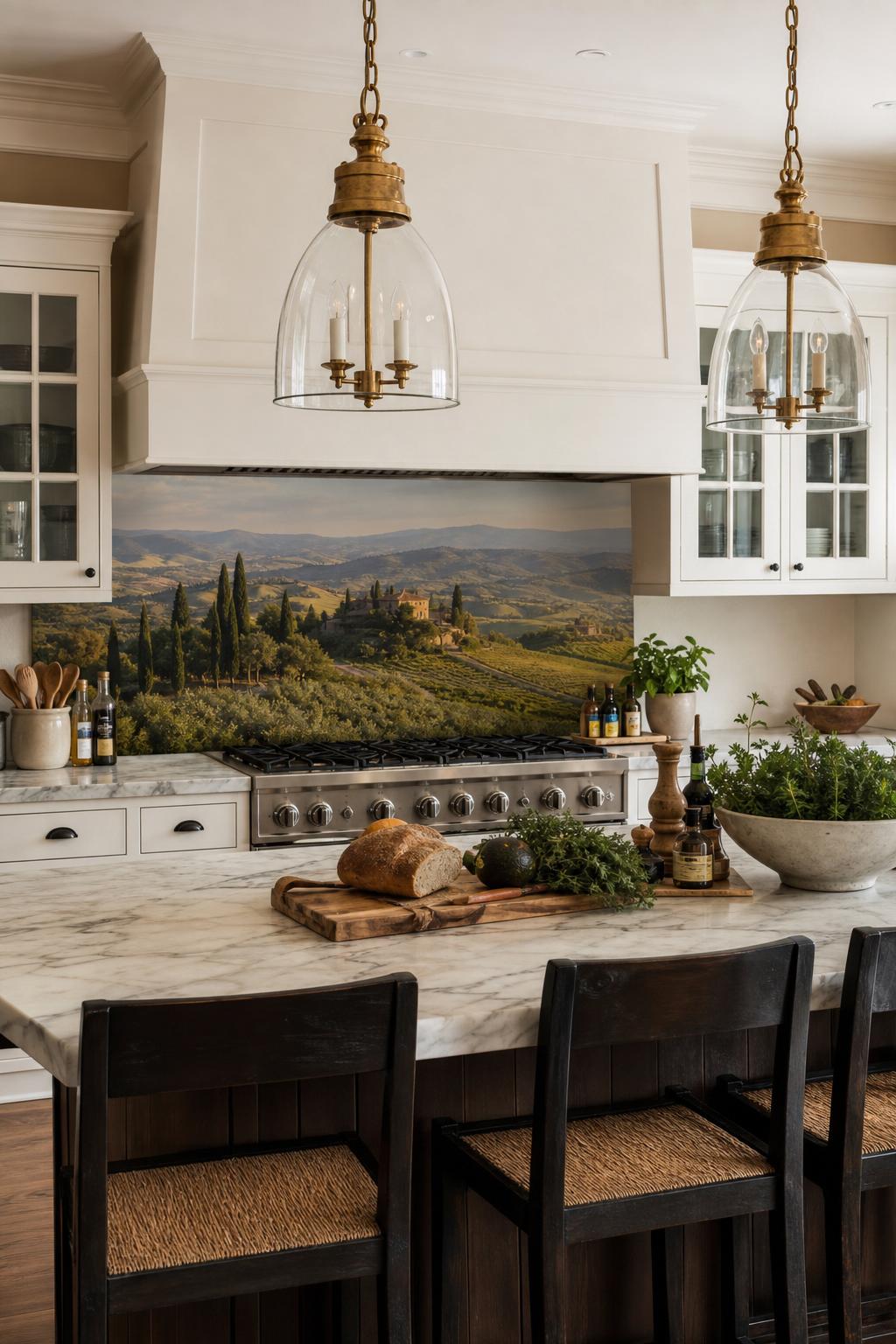 Ruime keuken met kookeiland en achterwand met Toscaans landschap