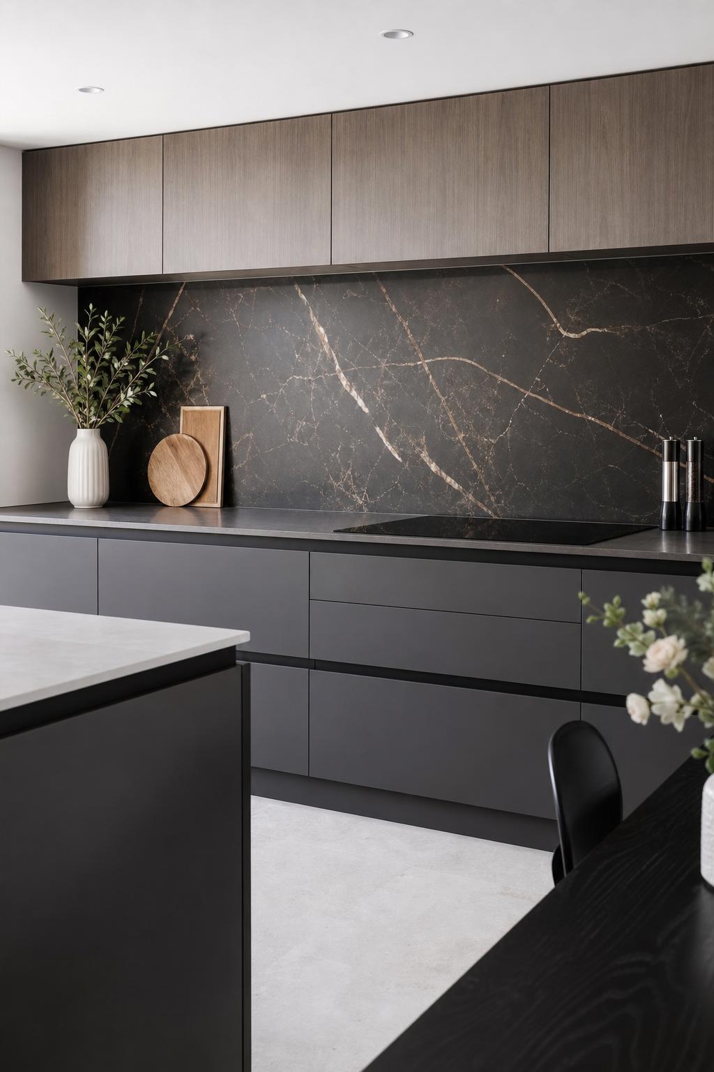 Strakke moderne keuken met marmerlook achterwand